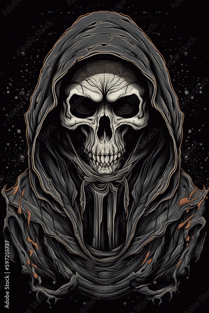 Cartoon Hooded cloak skull Tshirt design. Generative AI