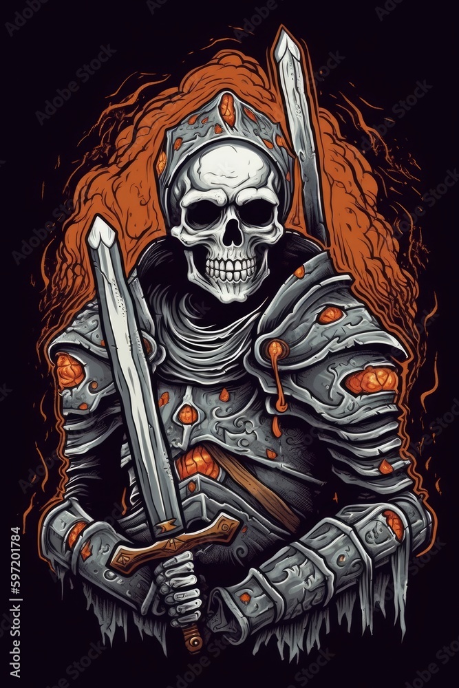 Cartoon Knight skull Tshirt design. Generative AI Cartoon Knight skull Tshirt design. Generative AI