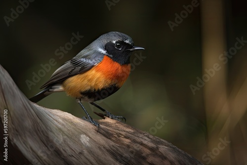 male redstart bird perched on tree trunk, with its colorful plumage prominently displayed, created with generative ai