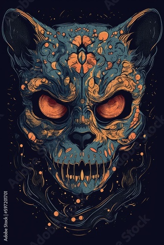 Cartoon Feline skull Tshirt design. Generative AI