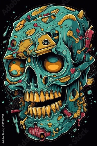 Cartoon Graffiti face skull Tshirt design. Generative AI