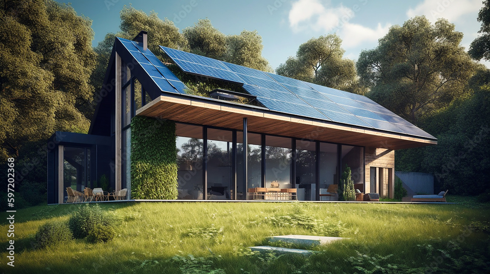 Modern eco-friendly single-family homes with photovoltaic cells. AI generativ. Modern eco-friendly single-family homes with photovoltaic cells. AI generativ.
