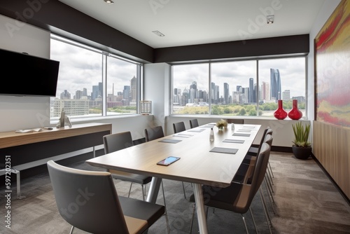 vibrant meeting room with view of the city skyline, featuring cutting-edge technology and contemporary furnishings, created with generative ai © Alfazet Chronicles