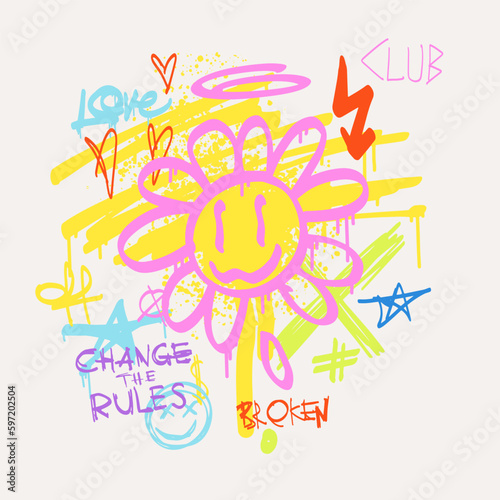 Urban typography slogan Change the Rules with spray effect. Groovy Street art graffiti print with hearts and funny happy daisy for t shirt or sweatshirt. Abstract graphic underground unisex design