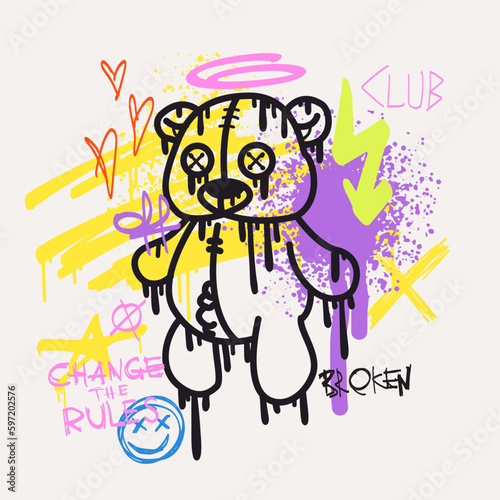 Urban typography slogan Change the Rules and bear doll with spray effect. Groovy Street art graffiti print with hearts for t shirt or sweatshirt. Abstract graphic underground unisex design