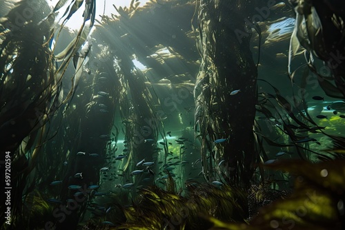 close-up of kelp forest  with schools of fish swimming among the fronds  created with generative ai