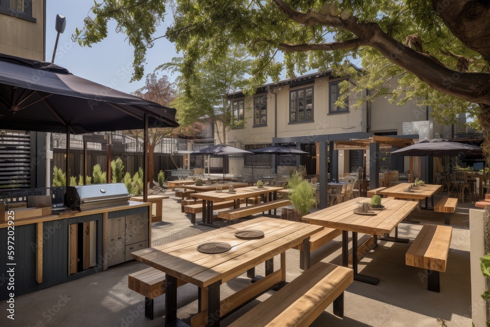 outdoor bistro, with communal tables and open kitchen, offering chef-prepared meals to patrons, created with generative ai
