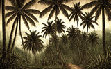 Tropical landscape with wild jungle, palm trees. Fictional imaginary landscape, engraved retro style. Generative AI