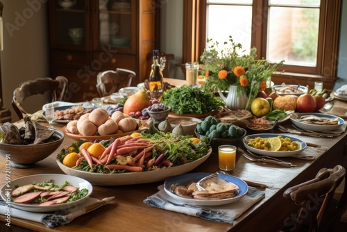 dinner table filled with fresh and seasonal ingredients for farm-to-table feast, created with generative ai