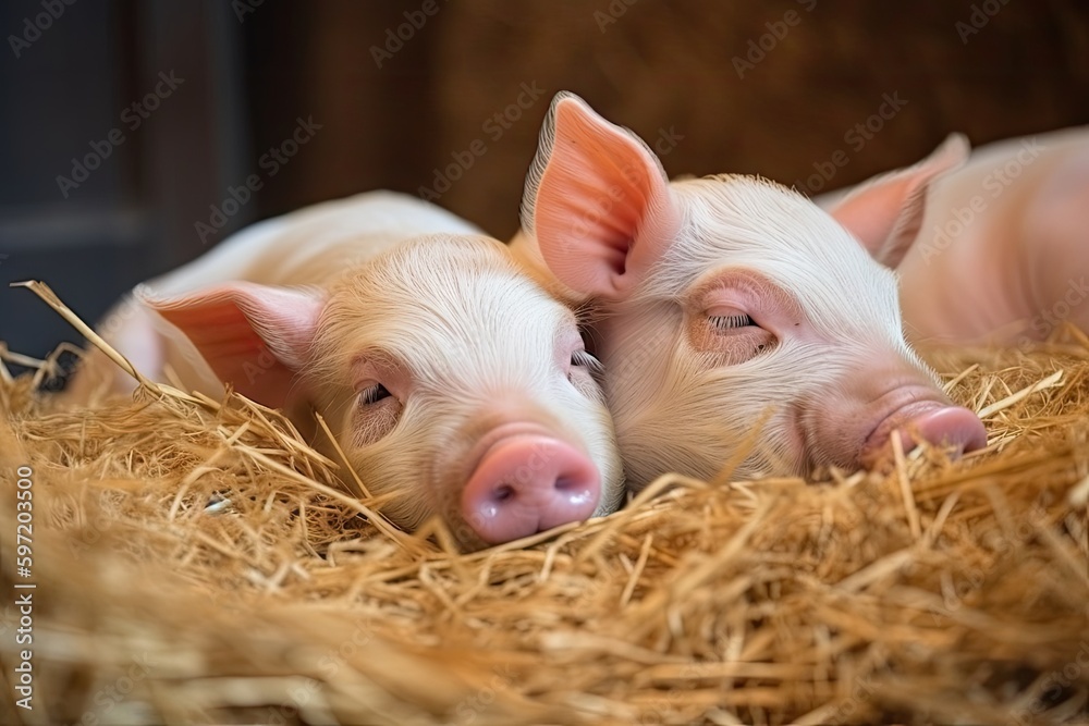 adorable little piglets with their eyes closed and resting in their straw bedding, created with generative ai adorable little piglets with their eyes closed and resting in their straw bedding, created with generative ai