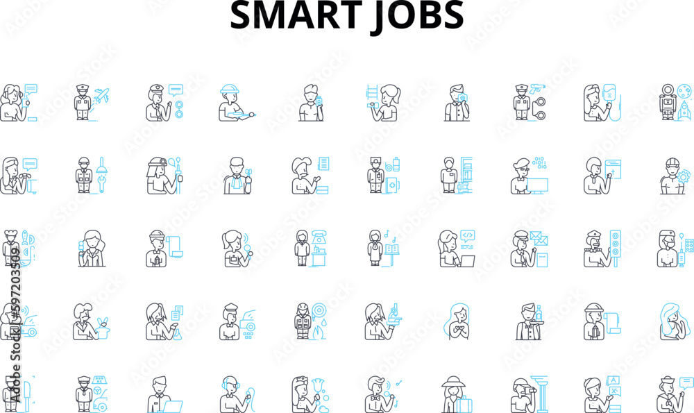 Smart jobs linear icons set. Innovation, Flexibility, Efficiency, Automation, Telecommuting, Empowerment, Digitization vector symbols and line concept signs. Intelligence,Optimization,Workforce