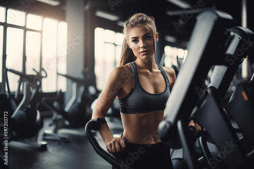 Young woman doing fitness exercise in a gym. AI