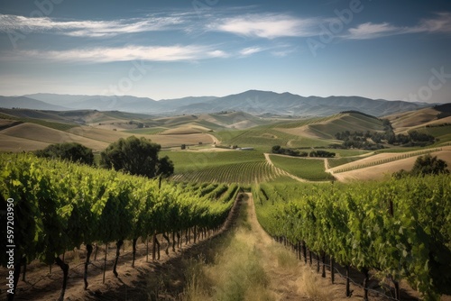 vineyard surrounded by rolling hills and mountains in the distance, created with generative ai