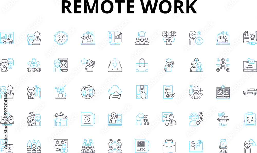 Remote work linear icons set. Flexibility, Virtual, Telecommute, Distance, Productivity, Collaboration, Autonomy vector symbols and line concept signs. Mobility,Freedom,Independent illustration Remote work linear icons set. Flexibility, Virtual, Telecommute, Distance, Productivity, Collaboration, Autonomy vector symbols and line concept signs. Mobility,Freedom,Independent illustration