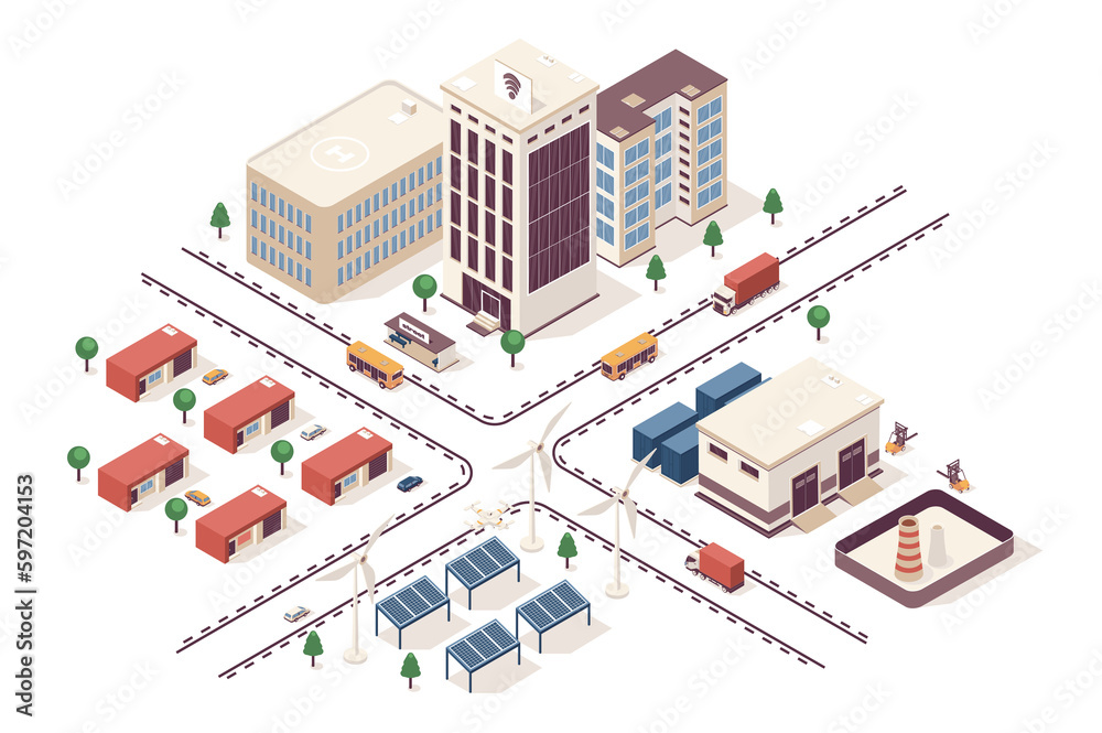Smart city concept 3d isometric web infographic workflow process. Infrastructure map with business buildings, industrial area, green energy, suburb. Illustration in isometry graphic design