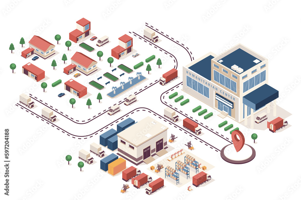 Humanitarian support concept 3d isometric web infographic workflow process. Infrastructure map with buildings, warehouse, volunteer center, delivery. Illustration in isometry graphic design
