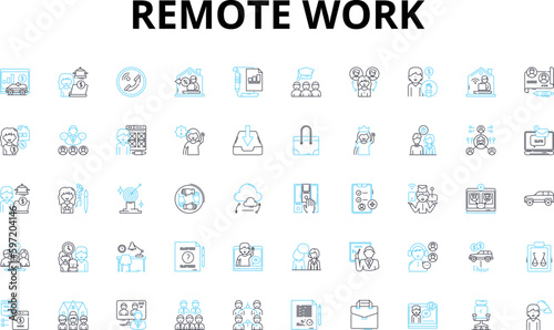 Remote work linear icons set. Flexibility, Virtual, Telecommute, Distance, Productivity, Collaboration, Autonomy vector symbols and line concept signs. Mobility,Freedom,Independent illustration