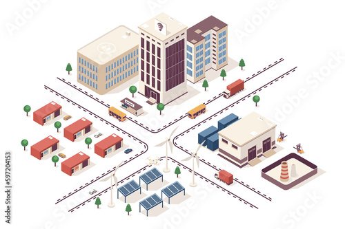Smart city concept 3d isometric web infographic workflow process. Infrastructure map with business buildings  industrial area  green energy  suburb. Illustration in isometry graphic design