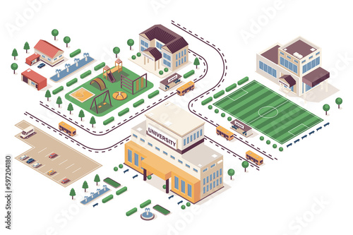 School learning concept 3d isometric web infographic workflow process. Infrastructure map with kindergarten, university, buildings, playground court. Illustration in isometry graphic design
