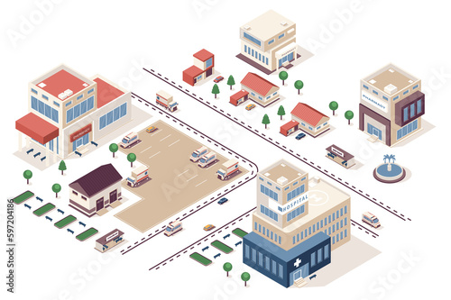 Medical center concept 3d isometric web infographic workflow process. Infrastructure map with buildings of pharmacy  hospital  clinic  emergency car. Illustration in isometry graphic design