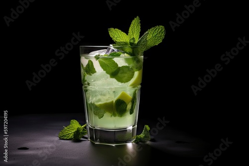 glass of mojito, garnished with spearmint leaves, created with generative ai