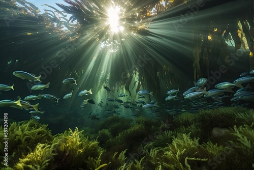 school of fish swimming amongst kelp forests and underwater gardens, created with generative ai