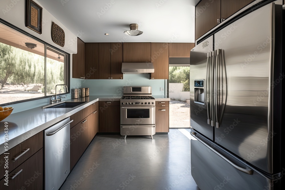mid-century modern kitchen with stainless steel appliances and sleek decor, created with generative ai mid-century modern kitchen with stainless steel appliances and sleek decor, created with generative ai