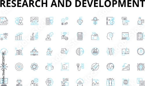 Research and Development linear icons set. Innovation, Experiment, Breakthrough, Exploration, Genius, Insight, Discovery vector symbols and line concept signs. Advancement,Enhancement,Progress