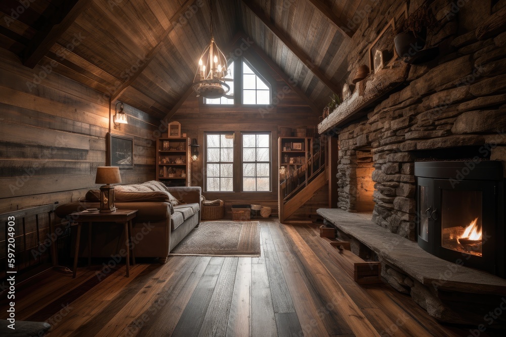 cozy cabin retreat with wooden floor, stone fireplace, and lantern, created with generative ai