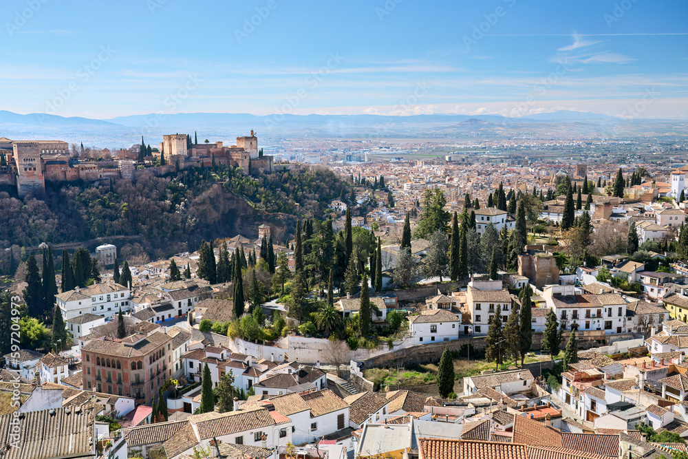 panoramic view on the city of Granada, with world heritage site of Alhambra and district of Albaycin and Sacromonte, Andalusia, Spain