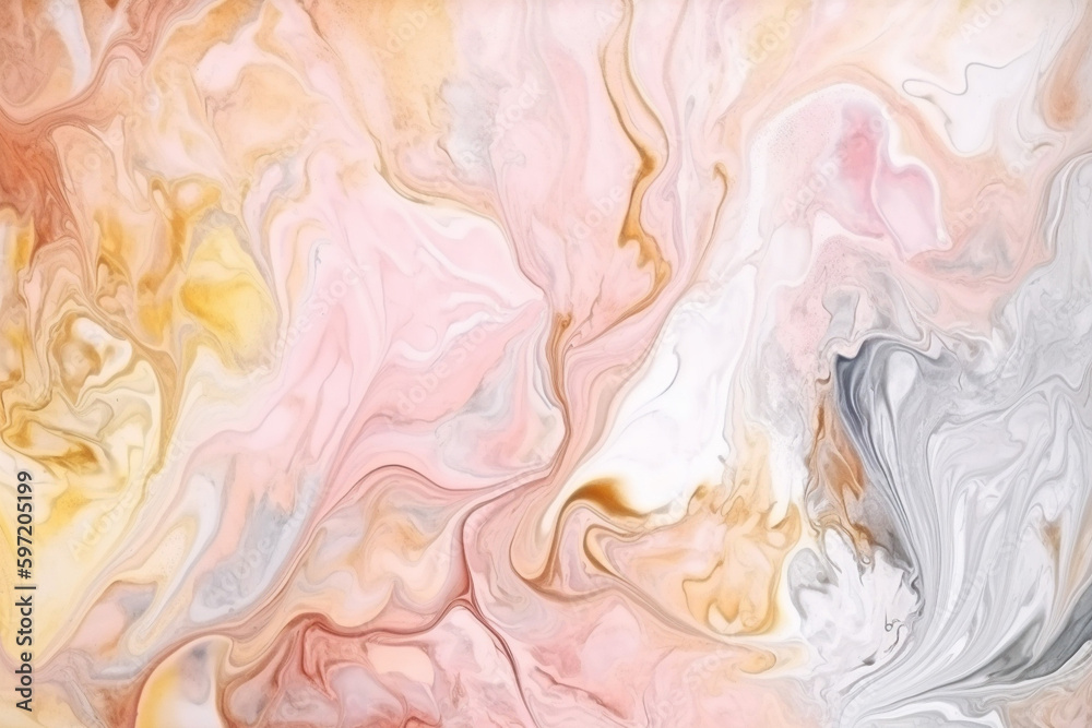 Abstract marble pattern in light pink and yellow colors. Fluid art, liquid acrylic painting. Marble stone wall design in the interior. Generated AI