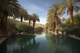 magical oasis, with towering palm trees and glittering waters, surrounded by desert landscape, created with generative ai