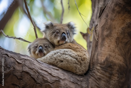 close-up of mother koala and her joey clinging to the tree, created with generative ai