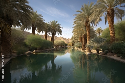 magical oasis  with towering palm trees and glittering waters  surrounded by desert landscape  created with generative ai