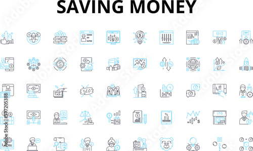 Saving money linear icons set. Frugality, Budgeting, Thriftiness, Discounts, Coupons, Bargains, Economy vector symbols and line concept signs. Cutbacks,Inexpensive,Saver illustration