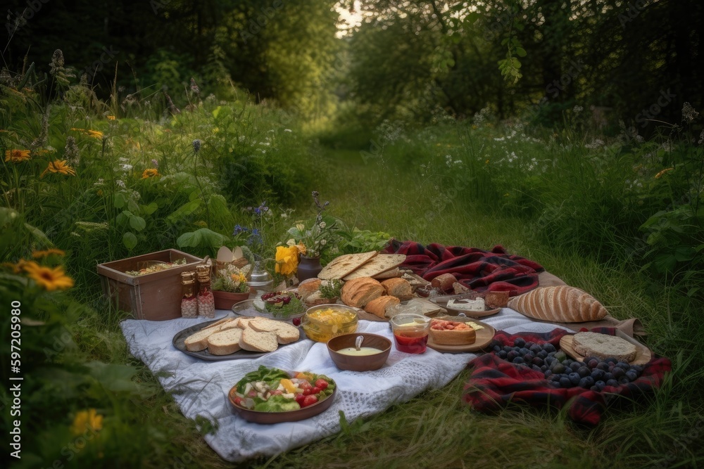 picnic dinner on a blanket, surrounded by greenery, created with generative ai