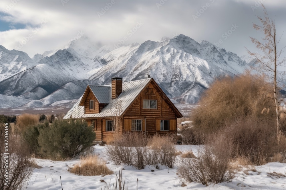 cozy cabin retreat with view of snow-capped mountains, surrounded by majestic peaks, created with generative ai