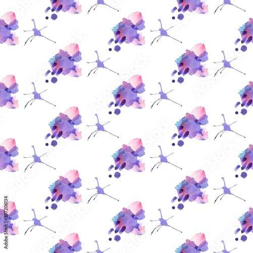 Abstract seamless pattern with watercolor paint drops and strokes.