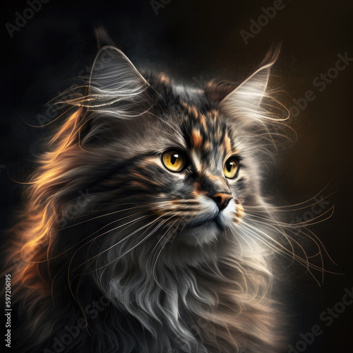 A Portrait of a cute fluffy tortoiseshell cat on a black background. Created with Generative AI.