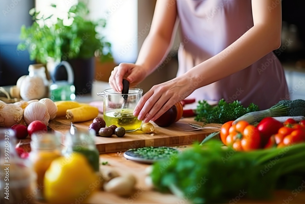 person, cooking dinner with fresh ingredients and nutritional supplements on the counter, created with generative ai person, cooking dinner with fresh ingredients and nutritional supplements on the counter, created with generative ai