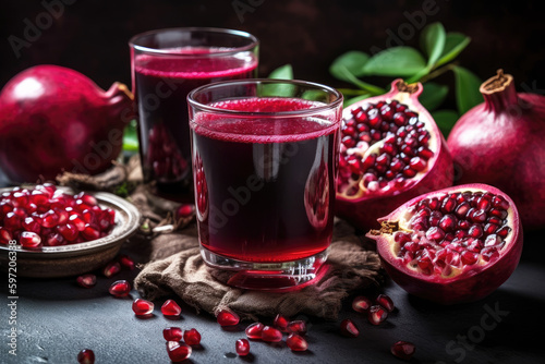 Two glasses of pomegranate juice near fresh juicy pomegranates on a black background. Created with Generative AI.