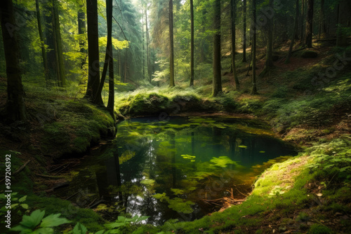 A small green pond in a forest. Created with Generative AI.
