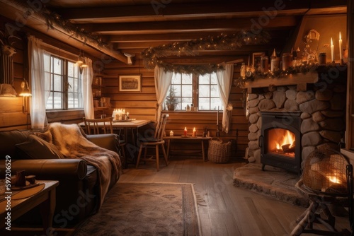 cozy cabin retreat with fireplace and warm, cozy decorations for a winter getaway, created with generative ai