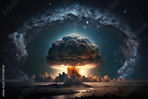 nighttime view of mushroom cloud, with the stars visible in the sky, created with generative ai