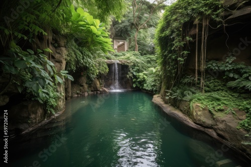 waterfall cascading into pool, surrounded by lush greenery, created with generative ai