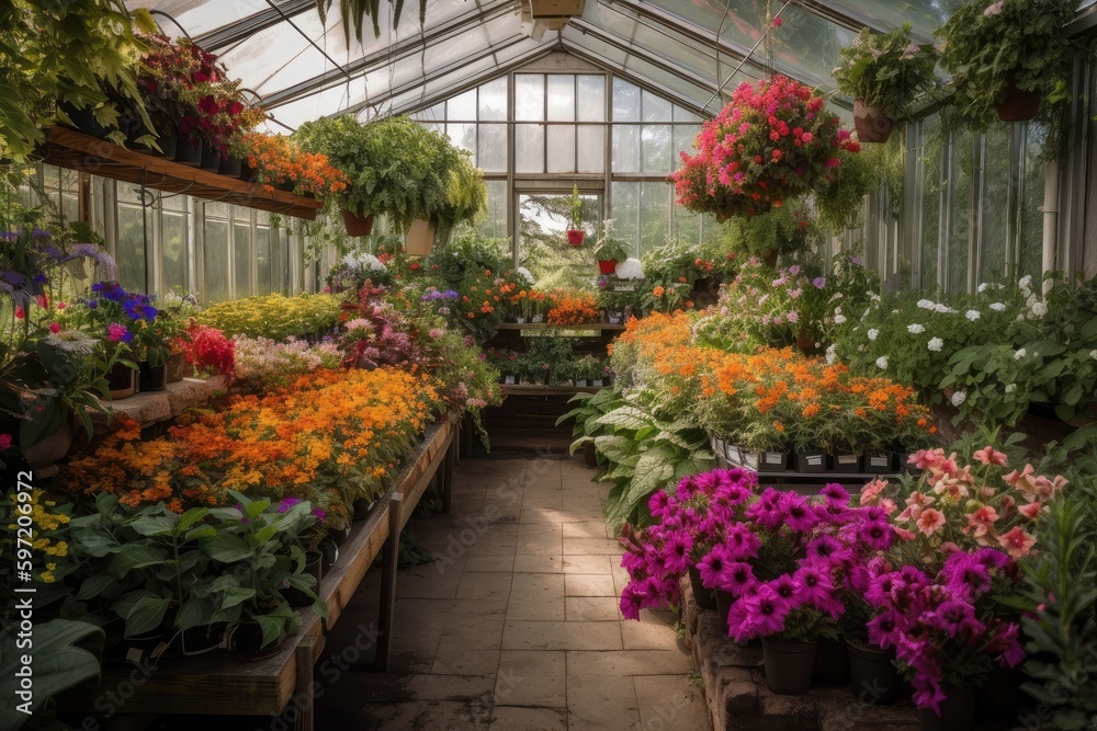 greenhouse filled with lush greenery and blooming flowers, created with generative ai