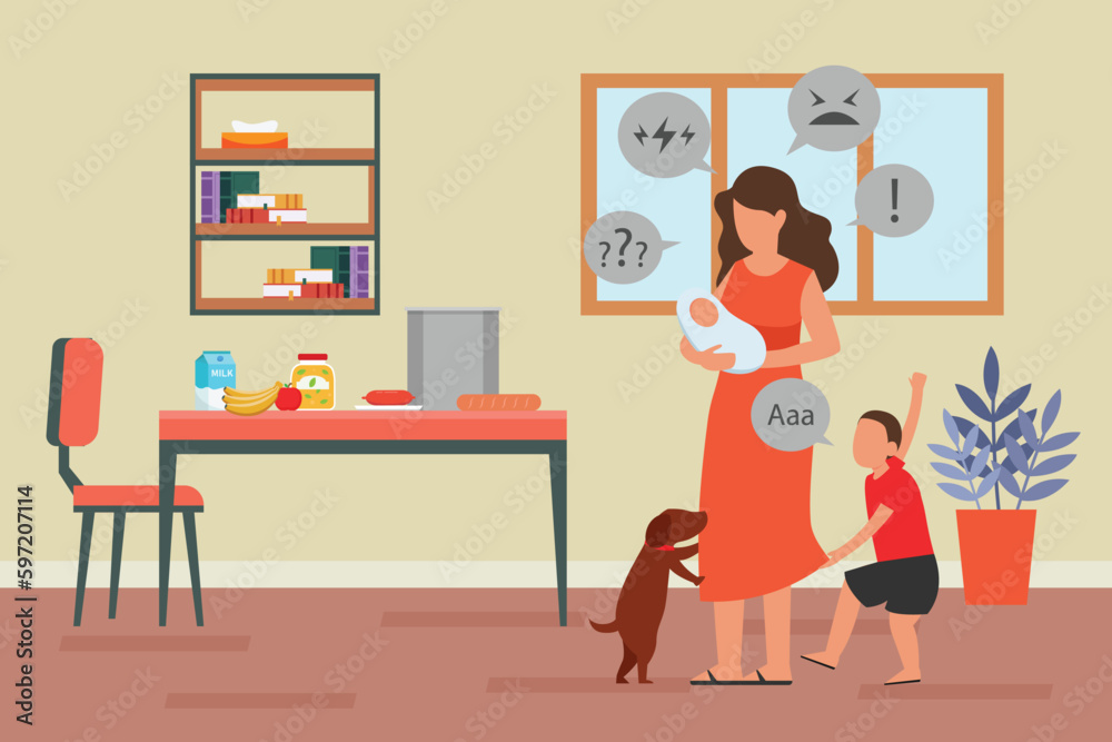 Obraz premium Emotional Burnout Of Mom with kids and pet 2d vector illustration concept for banner, website, illustration, landing page, flyer, etc