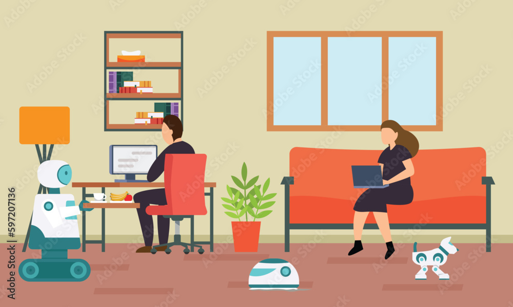 Domestic personal robots helping people 2d vector illustration concept for banner, website, illustration, landing page, flyer, etc
