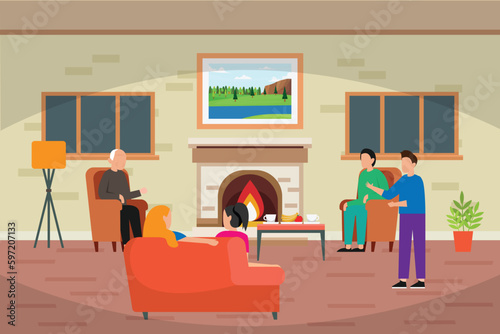 Family quality time near fireplace at home 2d vector illustration concept for banner, website, illustration, landing page, flyer, etc