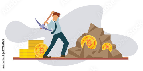 Mining cryptocurrency - Bitcoin 2d vector illustration concept for banner, website, illustration, landing page, flyer, etc